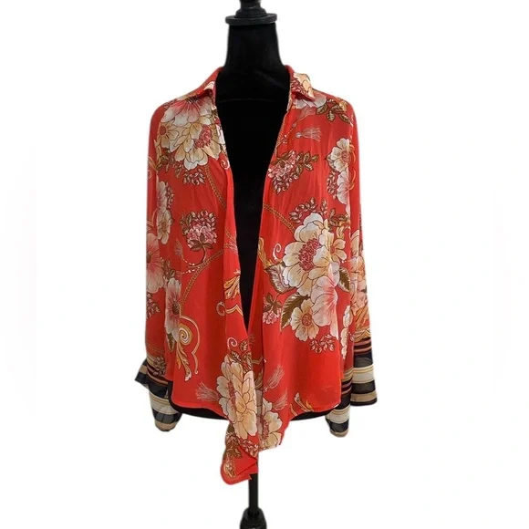 Floral Red, Orange Vacation-Ready Orange Floral Blouse, front tie, bell sleeve - Picture 3 of 8